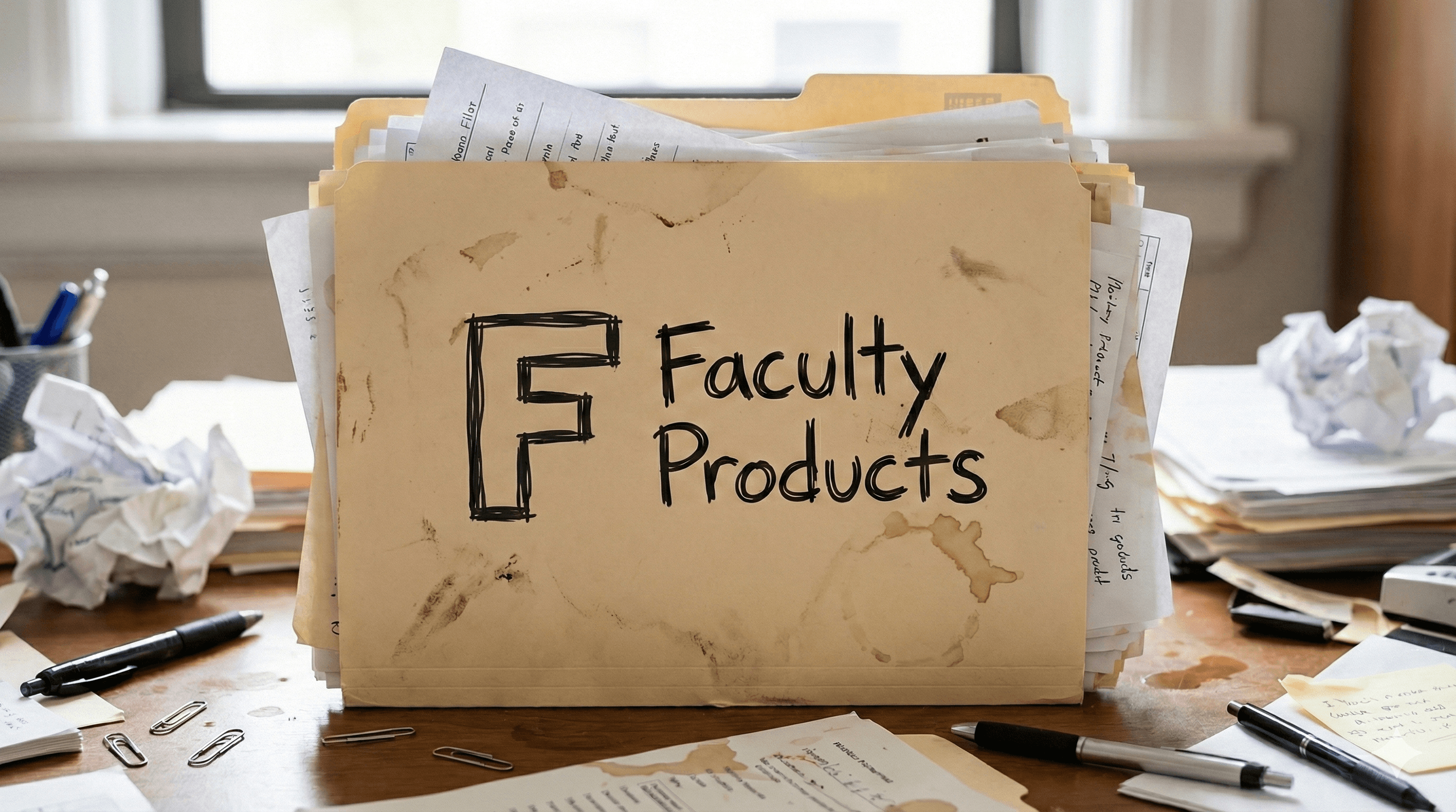 A messy manila folder labeled Faculty Products sitting on a desk with scattered papers and coffee stains